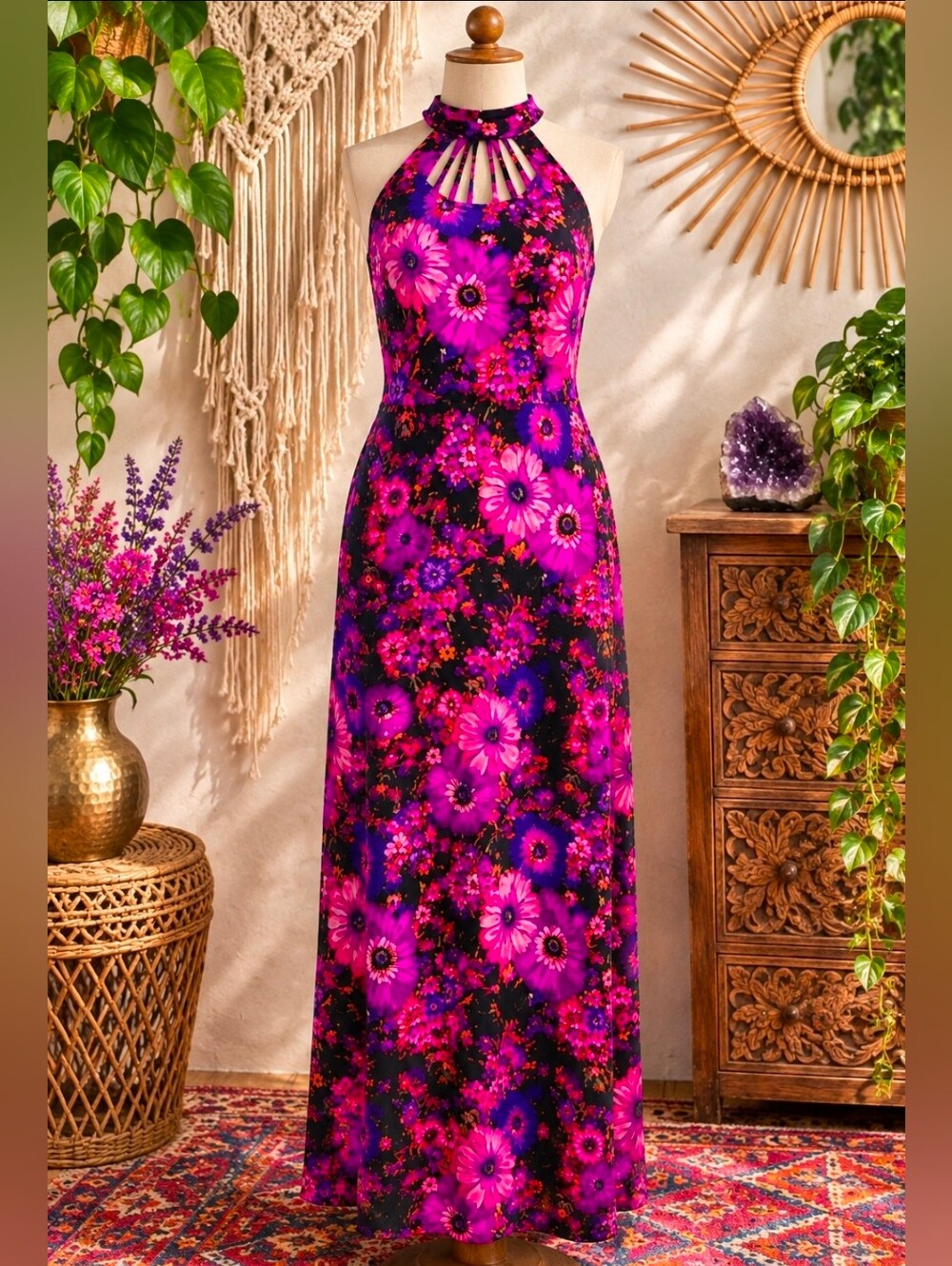 1960s Vintage Gina Rinaldi Psychadelic Floral Maxi Dress With Cutout Neckline